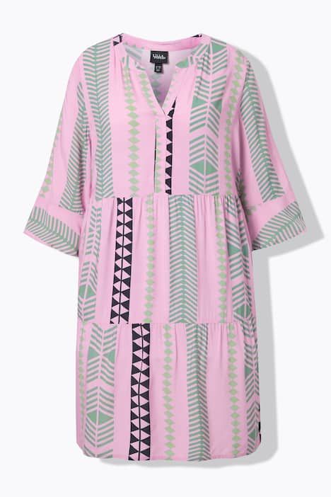 Robe imprimé graphique, col tunisien et manches 3/4