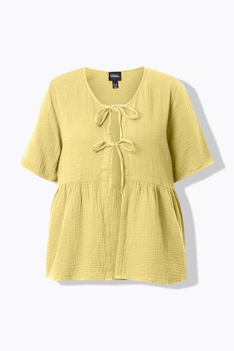 Blouse en mousseline, décolleté en V et manches courtes, rubans en guise de fermeture
