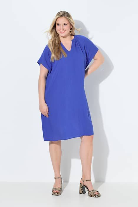 Robe aspect lin, col tunisien et manches chauve-souris