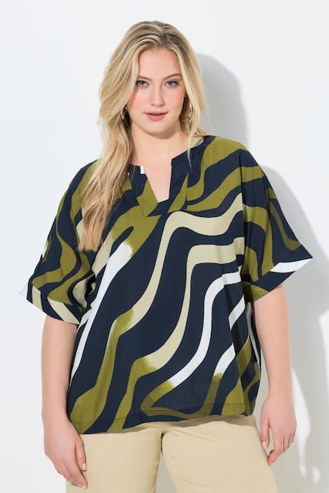 Blouse-tunique oversize, motif vagues, col rond/encolure carrée