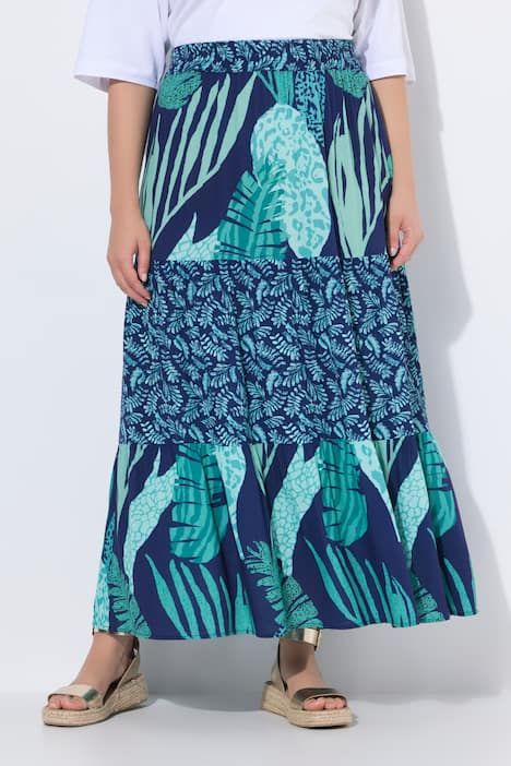 Jupe maxi motif feuilles, taille élastique et volants, coupe évasée