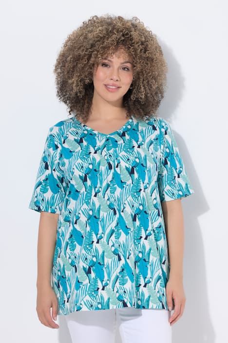 T-shirt motif toucans, plis fantaisie, décolleté en V et manches courtes