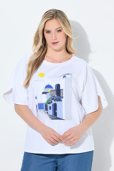 T-shirt oversize, imprimé Santorin, décolleté rond et manches courtes