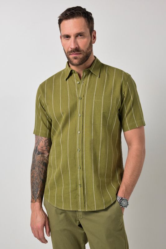 Chemise rayé en lin mélangé JP1880, manches courtes et col kent, coupe Modern Fit - jusqu'au 8 XL