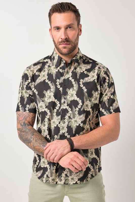 Chemise JP 1880 en lin mélangé, imprimé all-over, manches courtes et col à pointes boutonnées, coupe Modern Fit - jusqu'au 8 XL