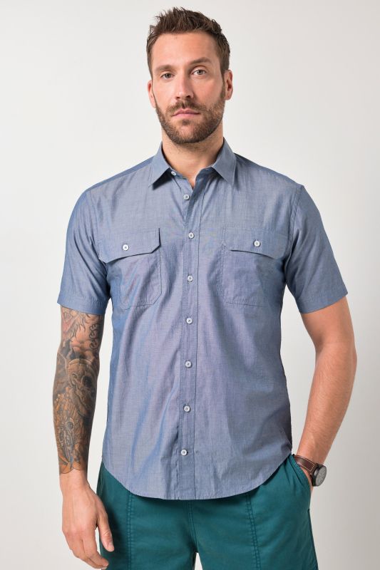 Chemise JP 1880 en chambray, manches courtes et col Kent, 2 poches, coupe Modern Fit - jusqu'au 8 XL