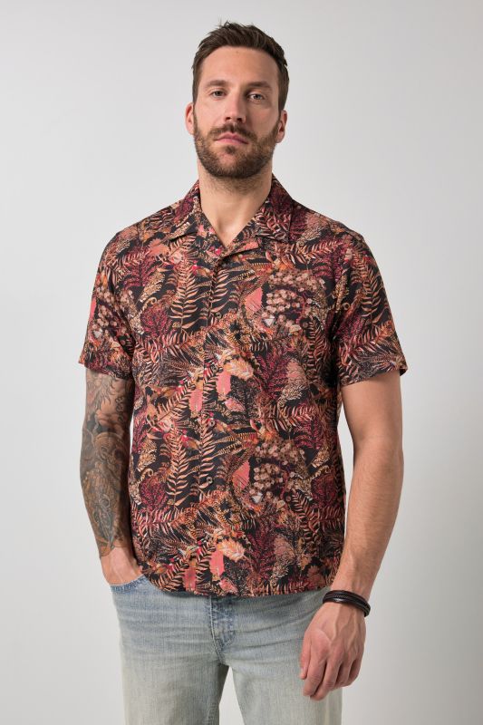 Chemise JP 1880 en lin mélangé, imprimé all-over, manches courtes et col cubain, coupe Cuba Fit - jusqu'au 8 XL