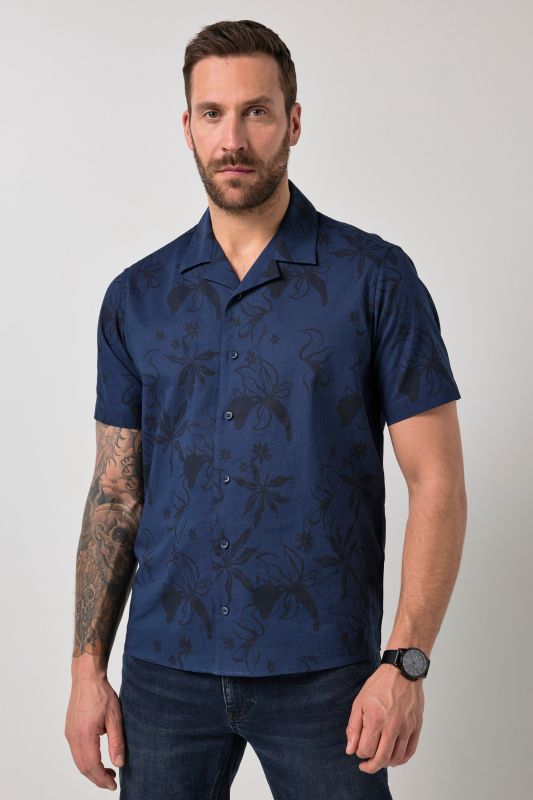 Chemise JP 1880 en lin mélangé, imprimé all-over, manches courtes et col cubain, coupe Cuba Fit - jusqu'au 8 XL
