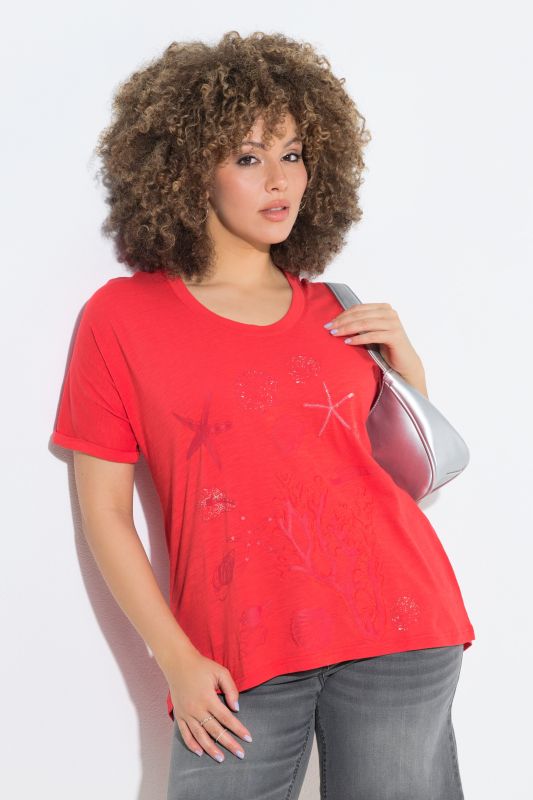 T-shirt oversize, motif coraux et coquillages, décolleté rond et manches courtes