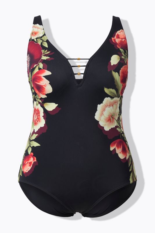 Maillot de bain à bonnets souples, cordons fantaisie et motif fleurs, matière recyclée