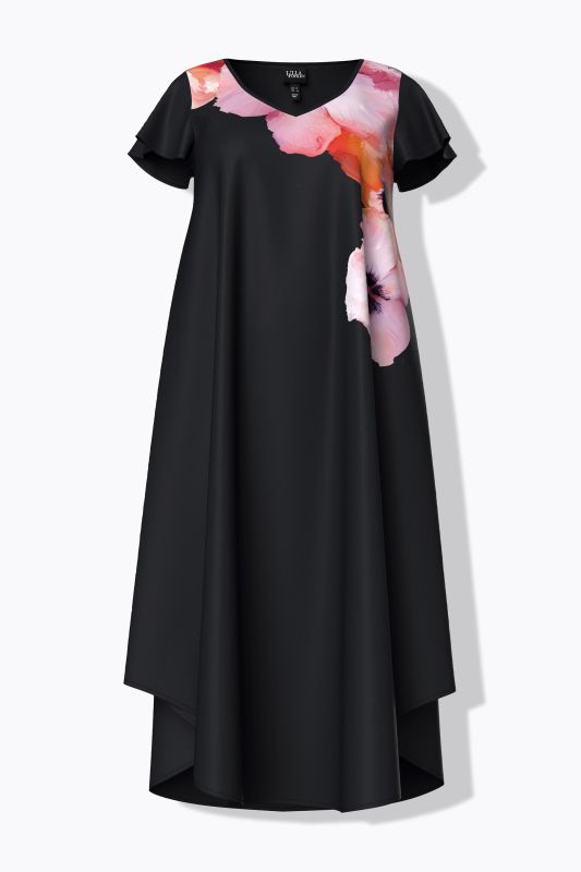 Robe midi décolleté en V et manches évasées, motif floral, coupe évasée