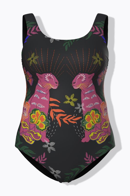 Maillot de bain motif félins, sans bonnets souples, décolleté rond
