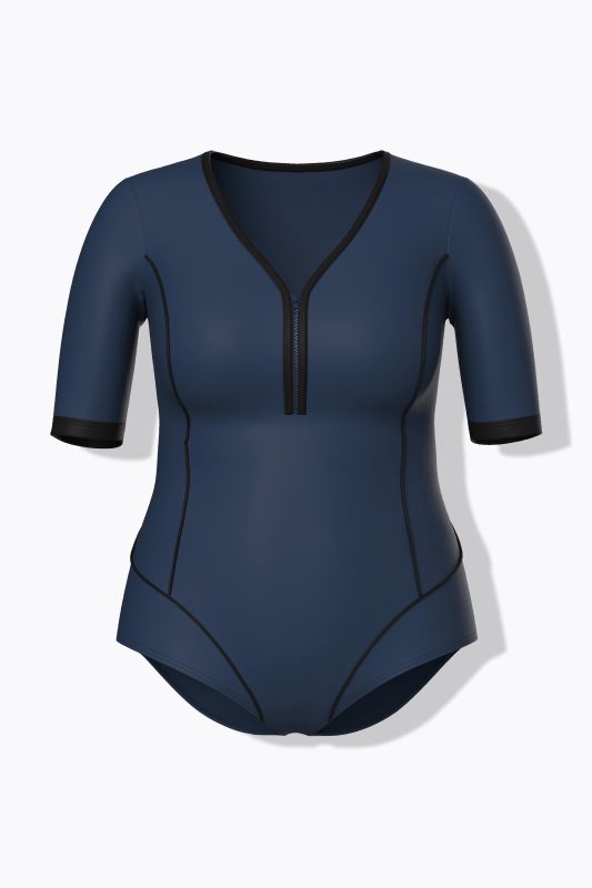 Maillot de bain manches courtes, bonnets souples et fermeture zippée, matière recyclée