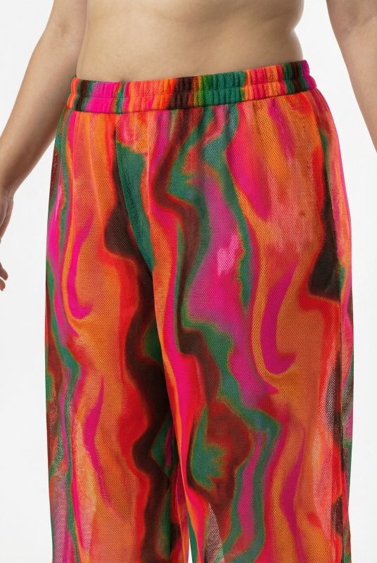 Pantalon Palazzo, motif vagues, jambe large et taille élastique