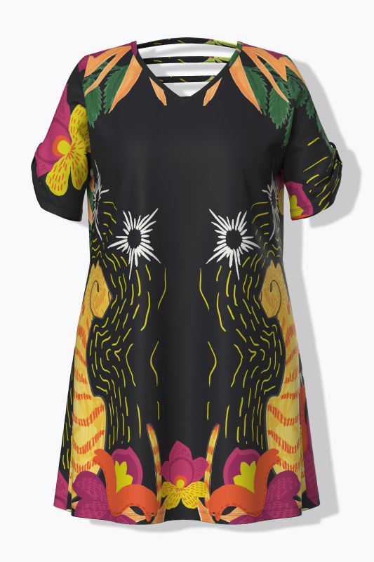 Robe en jersey motif chats, décolleté en V et manches courtes, coupe évasée