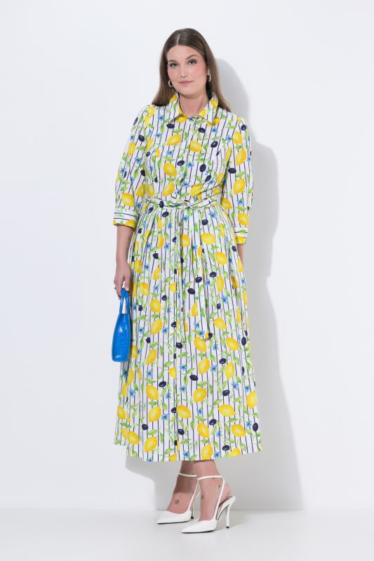 Robe-chemisier longueur maxi, motif citrons, avec col chemise et manches 3/4