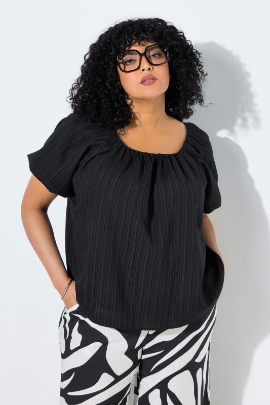 Blouse oversize doublée, décolleté Carmen et manches courtes