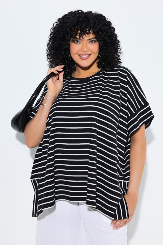 Poncho oversize, motif à rayures et col rond