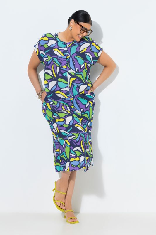 Robe midi oversize, motif feuilles, manches courtes et col rond