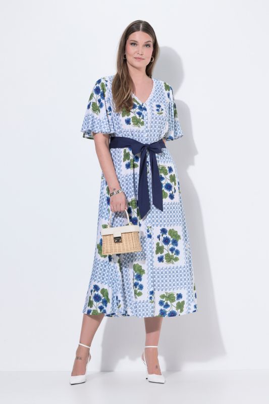 Robe maxi carreaux/fleurs, décolleté en V et manches courtes