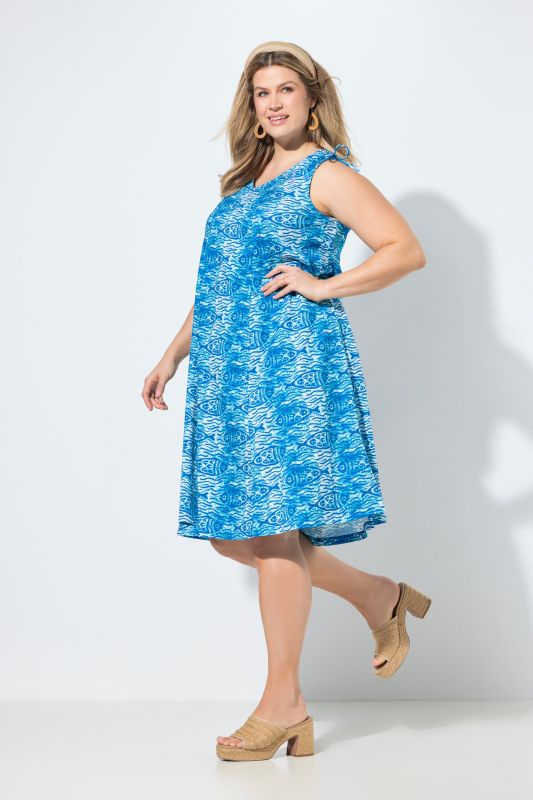 Robe midi en coton bio, motif poissons et décolleté en V, sans manches