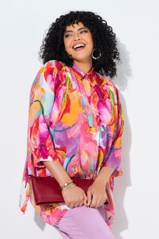 Chemisier motif aquarelle, col chemise et manches 3/4, coupe évasée