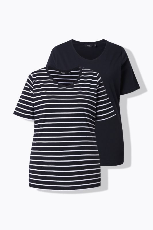 T-shirts en lot de 2, uni/rayures, décolleté en V et manches courtes