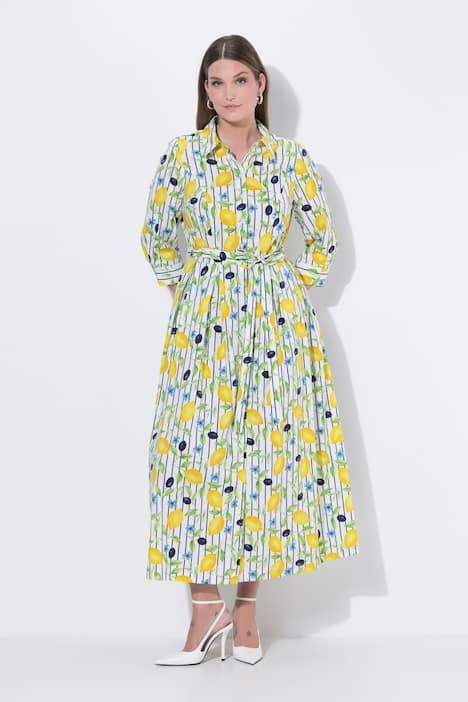 Robe-chemisier longueur maxi, motif citrons, avec col chemise et manches 3/4