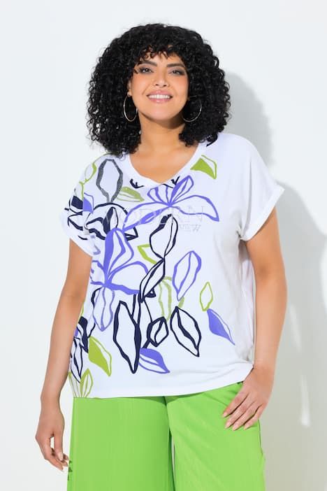 T-shirt oversize, imprimé feuilles, décolleté rond et manches courtes