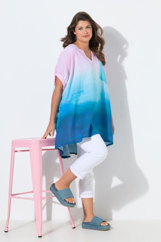 Blouse longue en mousseline, manches 1/2, encolure tunique