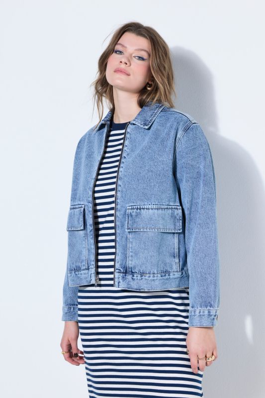 Veste en jean, coupe boxy, fermeture éclair, multi-poches