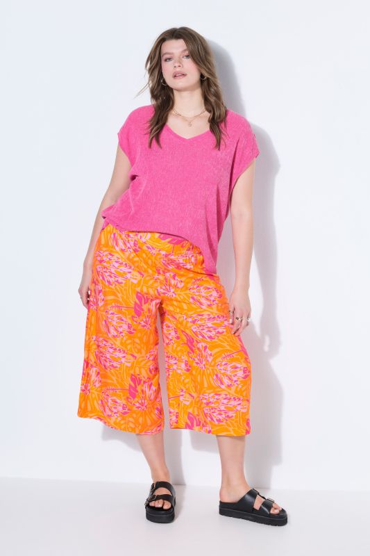 Pantacourt jambes larges, taille haute, imprimé feuilles