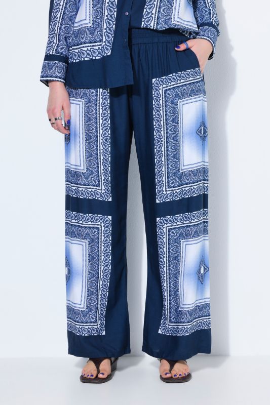 Pantalon jambes larges, taille haute, imprimé foulard