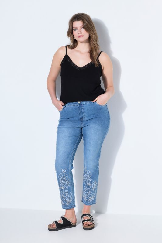 Jean Mom, broderie à l'ourlet, 5 poches