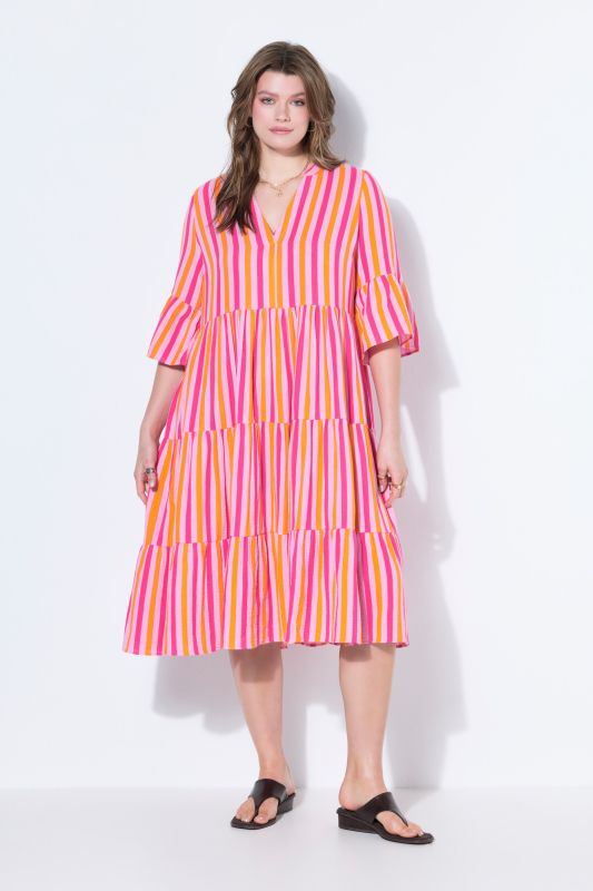 Robe longue, coupe trapèze, mousseline, rayures, volants