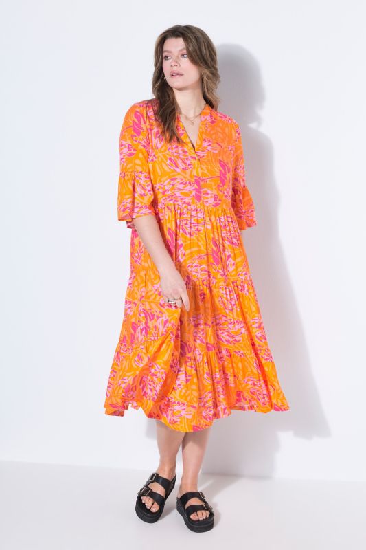 Robe longue évasée, imprimé feuilles, volants