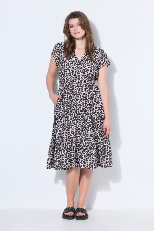 Robe midi évasée léopard, taille élastiquée, volant au bas