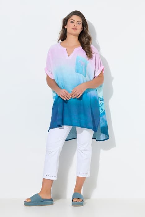 Blouse longue en mousseline, manches 1/2, encolure tunique