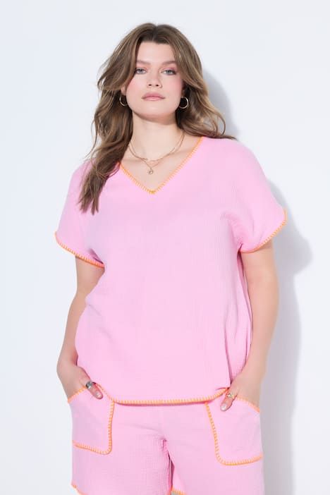 Blouse oversize en mousseline, liserés colorés