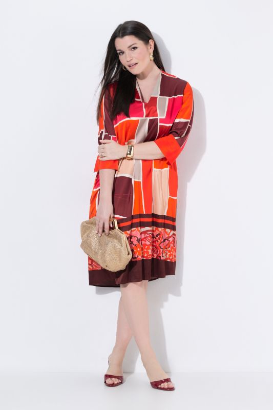 Robe midi coupe évasée, col calice et manches 3/4