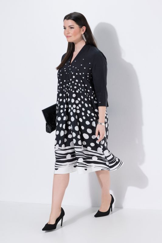 Robe midi en lyocell à pois, coupe évasée, col calice et manches 3/4