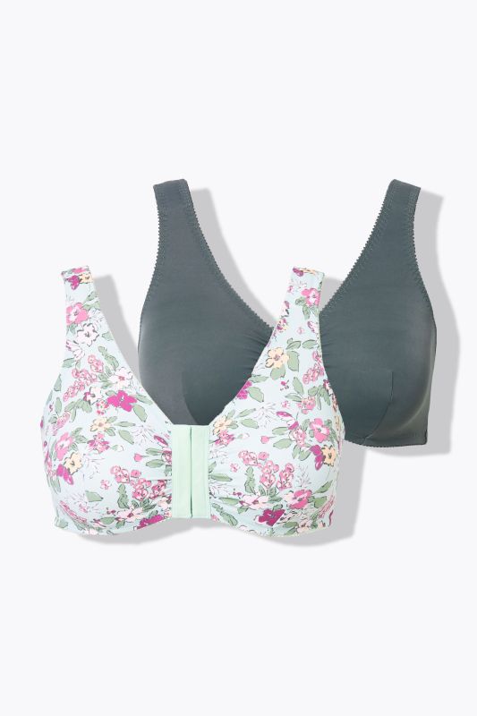 Lot de 2 brassières, fleurs/uni, fermeture sur le devant