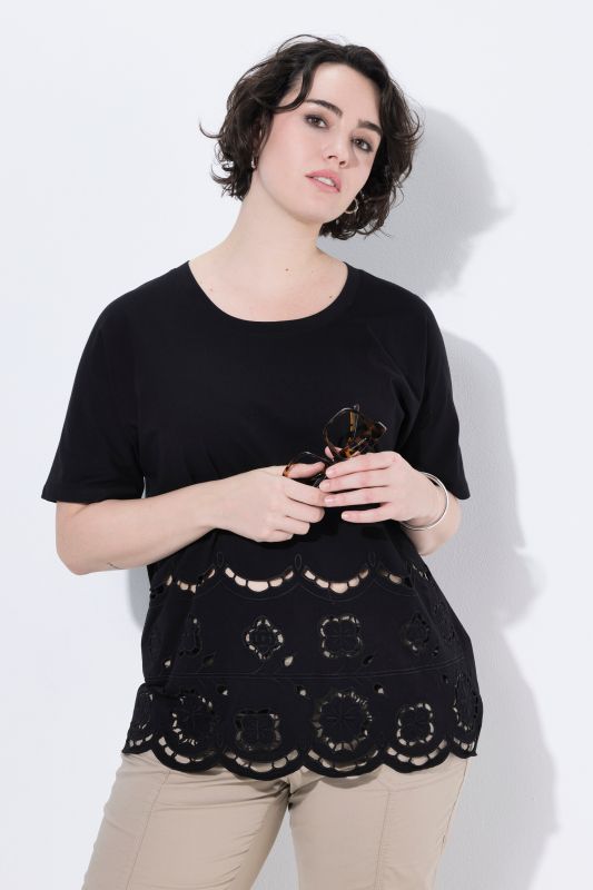 T-shirt oversize, dentelle ajourée, décolleté rond et manches courtes