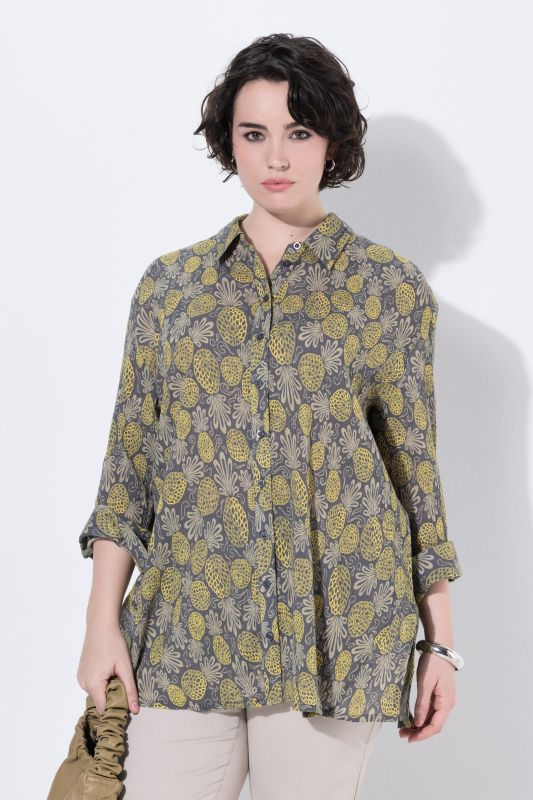 Chemisier motif ananas, col chemise et manches longues
