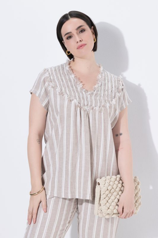 Blouse en lin à rayures, coupe évasée, décolleté en V et manches courtes
