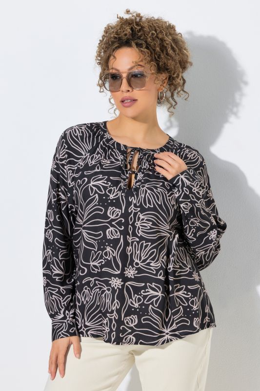 Blouse à fleurs, col tunisien avec cordon de serrage, manches longues