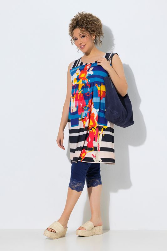 Robe sans manches en jersey, jeux de motifs et décolleté rond, coupe évasée