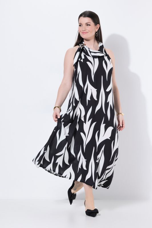 Robe maxi sans manches, motif feuilles et anneau fantaisie, col montant