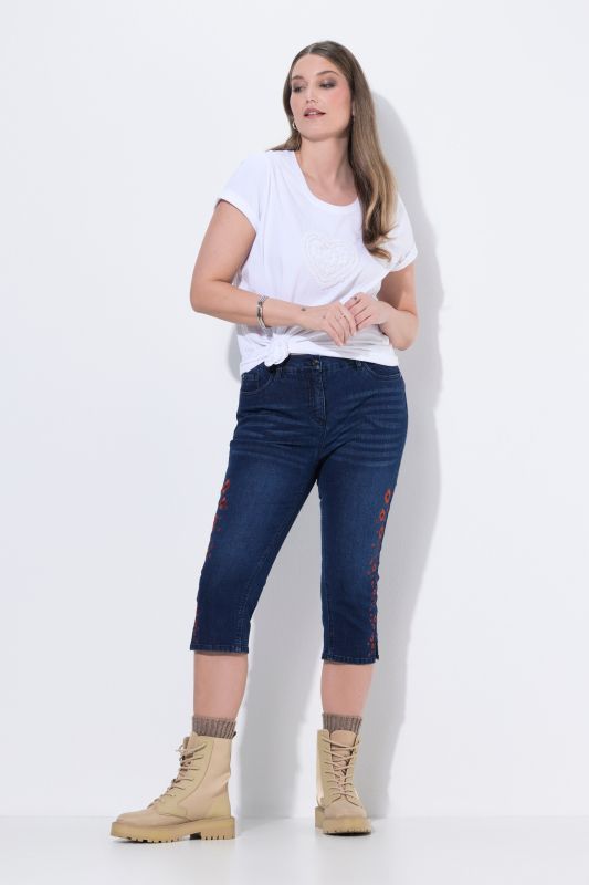 Corsaire en jean, tissu denim extensible, bas de jambe fendu