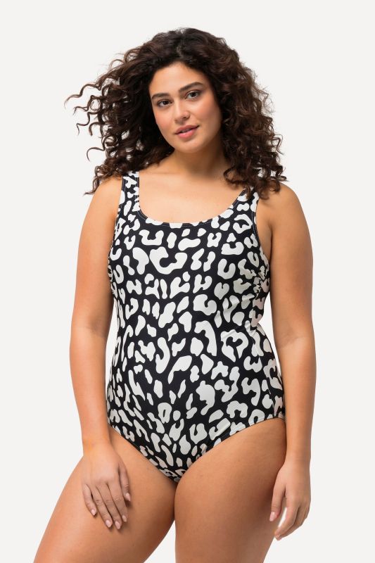 Maillot de bain sans bonnets souples. Décolleté rond et motif léopard